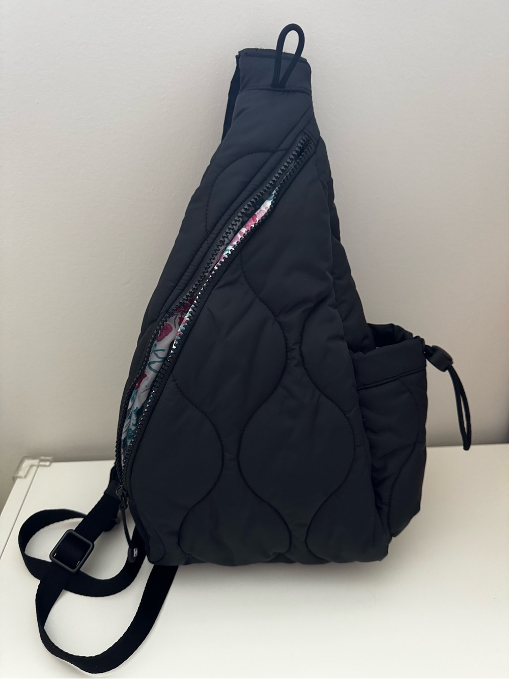 Vera Bradley Quilted 2-1 Sling Backpack in Black with Floral Trim